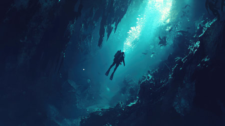 A scuba diver exploring an ancient underwater cave, illuminated by a soft, ethereal blue glow.の素材