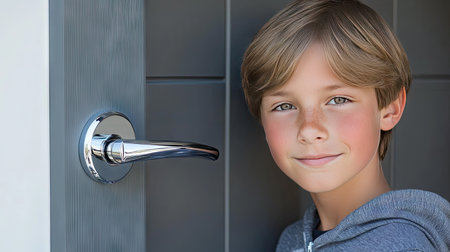 A modern, minimalist door handle in chrome finish, attached to a smooth, contemporary door with stylish proportions.の素材