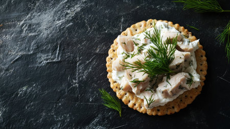 A shot of canned tuna served on a gourmet cracker with a touch of cream cheese and fresh dill for garnish.の素材
