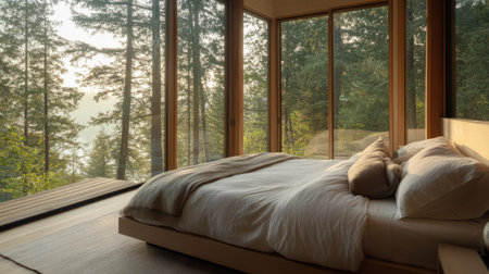 A serene luxury bedroom with a minimalist design, featuring soft bedding, natural wood accents, and large windows with a scenic view.の素材