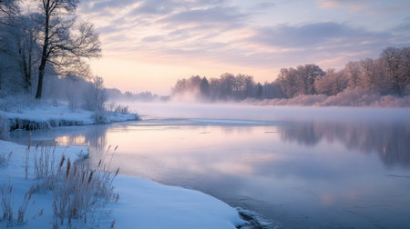 A serene winter morning with a light mist hovering over a partially frozen lake.の素材