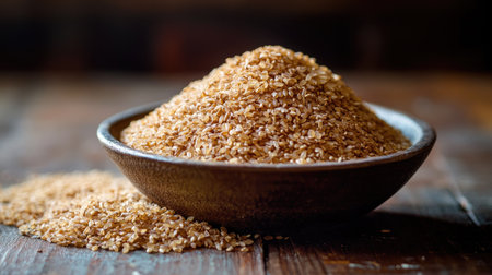 A neat pile of dry brown short-grain rice spilling from a bowl, placed on a natural wooden table.の素材