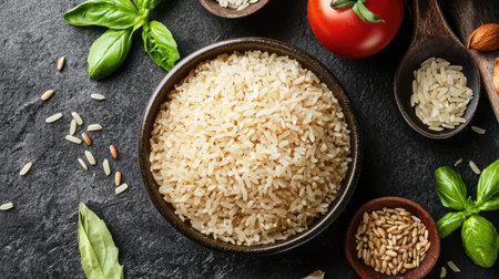 A simple yet elegant image of dry brown short-grain rice in a bowl, surrounded by healthy eating ingredients.の素材