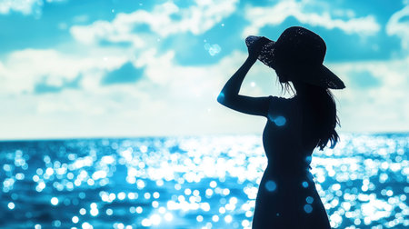 A silhouette of a woman with a straw hat, holding her hat and looking out over the sparkling blue sea under a bright sky.の素材
