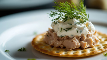 A shot of canned tuna served on a gourmet cracker with a touch of cream cheese and fresh dill for garnish.の素材
