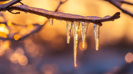 A shimmering icicle hanging from a tree branch, glowing in the golden hues of sunset.の素材
