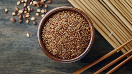 A shot of dry brown short-grain rice in a bowl, placed next to a bamboo mat and chopsticks for an Asian-themed presentation.の素材
