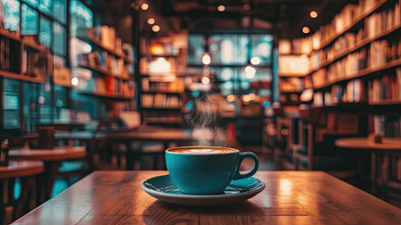 A warm, blurry view of a bookstore caf, with bookshelves in the background and a steaming cup of coffee.の素材