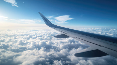 A stunning view of an airplane wing above the clouds, with a brilliant blue sky and a few wispy clouds below.の素材