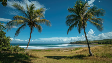 A tropical beach view framed by two tall coconut trees swaying under a bright blue sky.の素材