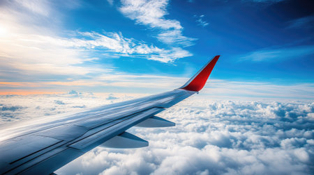 A stunning view of an airplane wing above the clouds, with a brilliant blue sky and a few wispy clouds below.の素材