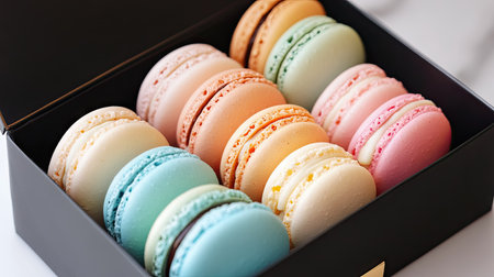 A stylish box filled with an assortment of pastel macarons, from pale blue to soft peach, invitingly presented.の素材