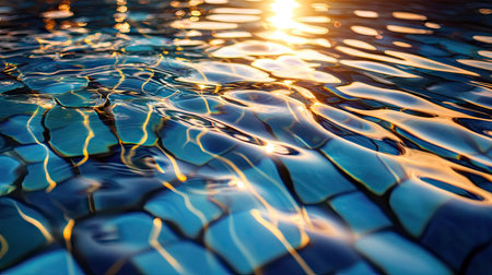 A stunning close-up of mosaic tiles reflecting sunlight through the rippling pool water.の素材