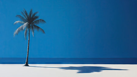 A sunny day scene with a single coconut tree casting a long shadow against the deep blue sky.の素材
