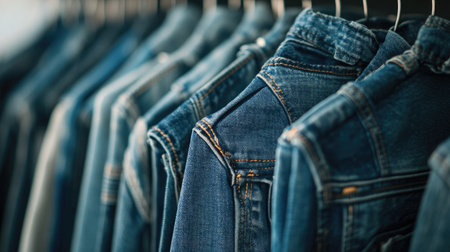 A well-organized rack displaying various denim jeans with distressed details and modern cuts, set against a soft, light backdrop.の素材