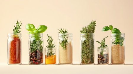 A stylish arrangement of glass jars filled with popular spices like garlic powder, rosemary, and basil, set against a light-colored background.の素材