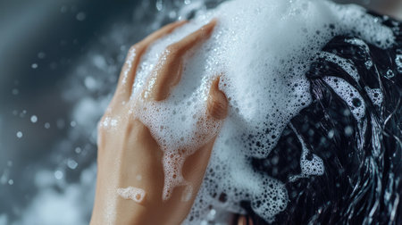 A woman's hand gently squeezing shampoo from a bottle, with foam starting to form as she prepares to wash her hair.の素材