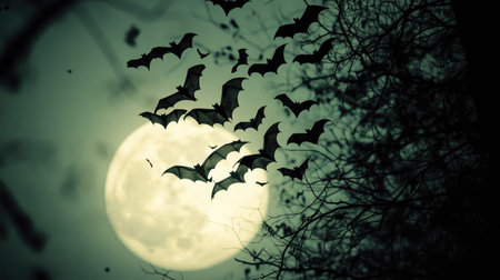 A swarm of bats flying in formation, silhouetted against the pale moonlit sky, creating a spooky atmosphere.の素材
