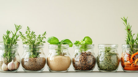 A stylish arrangement of glass jars filled with popular spices like garlic powder, rosemary, and basil, set against a light-colored background.の素材