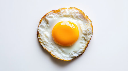A top-down shot of a beautifully fried egg, emphasizing the textures of the yolk and whites, on a plain white background.の素材