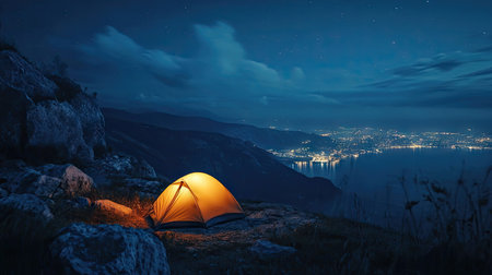 A tent on a cliffside, overlooking a breathtaking nighttime landscape with city lights in the distance.の素材