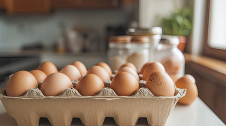 Fresh eggs in a cardboard box, resting on a kitchen counter with baking ingredients in the background.の素材
