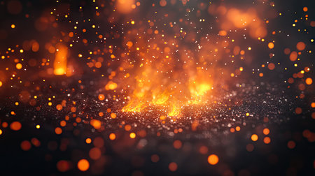 Close-up of burning embers with glowing orange and red hues, scattering sparks in the darkness.の素材