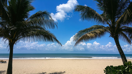A tropical beach view framed by two tall coconut trees swaying under a bright blue sky.の素材