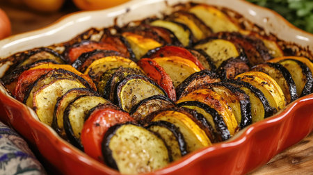 A vegetable casserole with a crispy golden-brown topping, showcasing a healthy mix of seasonal vegetables baked to perfection.の素材