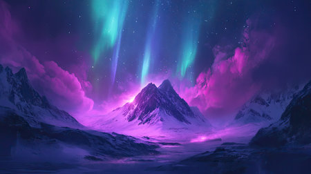 A vibrant aurora borealis shining above a remote camping tent in the Arctic wilderness.の素材