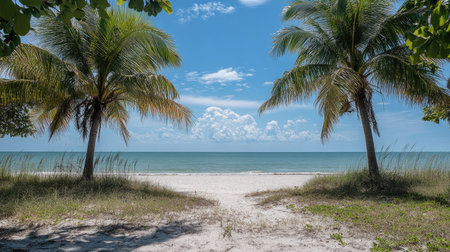 A tropical beach view framed by two tall coconut trees swaying under a bright blue sky.の素材
