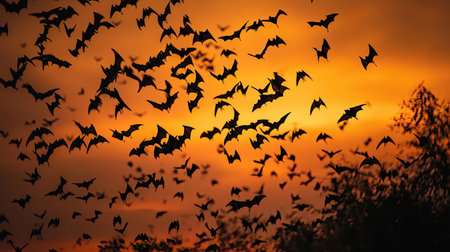 A swarm of bats silhouetted against a fiery orange sky at sunset, creating a striking contrast.の素材