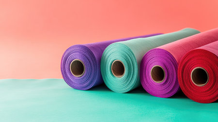 A vibrant set of cotton fabric rolls in shades of green, purple, and red, isolated on a light, minimalistic backdrop.の素材