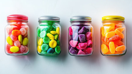 Bright and colorful jars filled with an assortment of tasty candies, isolated on a light background to highlight the vibrant colors.の素材