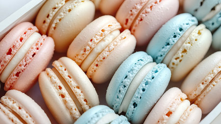 A vibrant box of macarons in pastel tones, showcasing delicate colors like light blue, pale pink, and cream.の素材