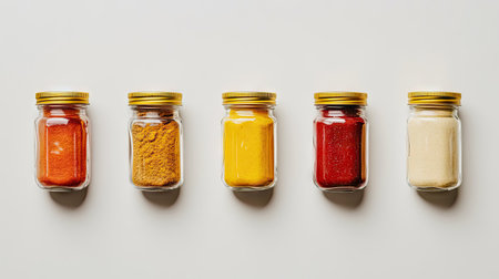 A vibrant selection of glass jars filled with popular spices like curry, paprika, and garlic powder, isolated on a clean, white background.の素材