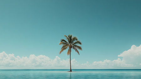 A tropical vacation scene with a single coconut tree and a blue sky stretching endlessly in the background.の素材