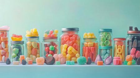 A vibrant display of jars filled with sugary candies, including gummies, chocolates, and mints, isolated on a soft, light background.の素材