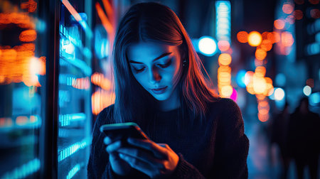 A woman illuminated by the neon lights of a city, texting on her smartphone at night.の素材