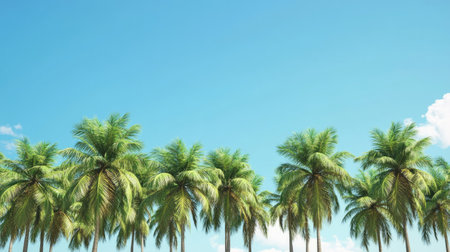 A tropical island scene with a row of coconut trees standing against a bright, cloudless blue sky.の素材
