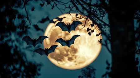 Bats flying across the twilight sky with the full moon glowing behind them, creating a mysterious and eerie atmosphere.の素材