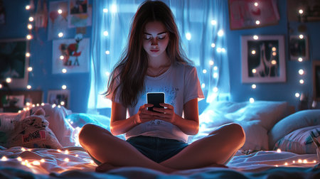A young woman sitting cross-legged on her bed, using her smartphone with fairy lights in the background.の素材