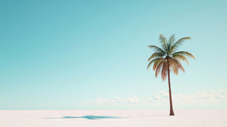 A tropical vacation scene with a single coconut tree and a blue sky stretching endlessly in the background.の素材