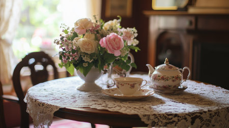 A vintage-style room featuring an antique wooden table with a lace tablecloth, fresh flowers, and an old-fashioned tea set.の素材