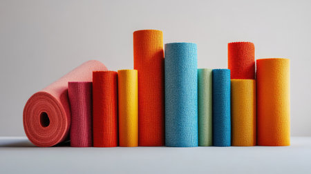 A visually striking collection of cotton fabric rolls in bright, bold colors, stacked neatly and isolated on a clean, neutral background.の素材