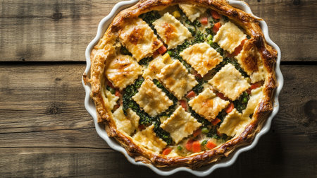 A wholesome and colorful vegetable casserole with a rich, golden crust, placed on a rustic wooden table.の素材