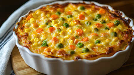 A warm and hearty vegetable casserole filled with carrots, peas, and corn, with a perfectly browned top layer of cheese.の素材
