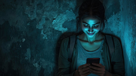 A woman leaning against a wall at night, looking at her smartphone with a soft smile.の素材