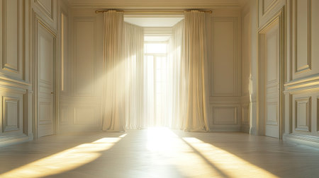 A wide angle shot of bright light entering through the door into an empty room, creating a tranquil and spacious feel.の素材