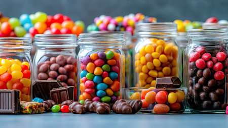 A vibrant display of jars packed with colorful candies, including jelly beans, chocolates, and hard candies, isolated on a clean background.の素材